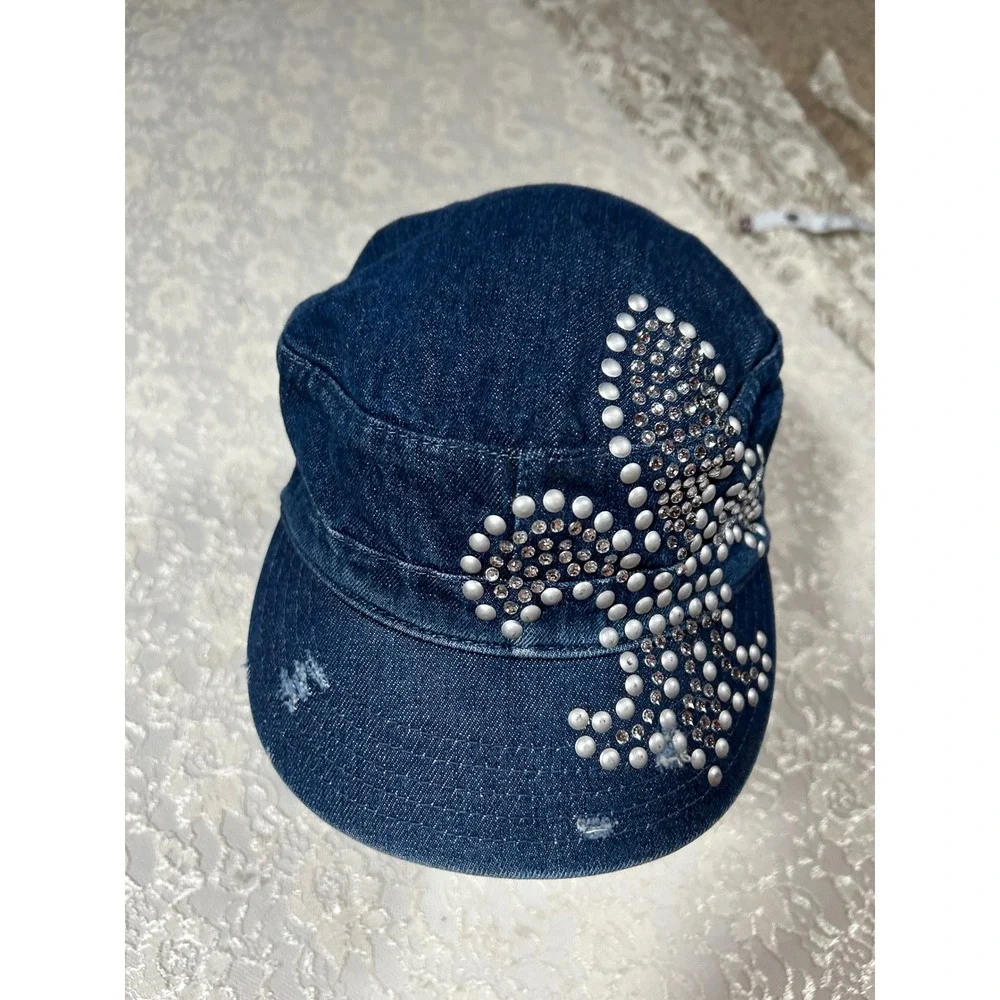Y2K VTG Denim Fleur De Lis Rhinestone Cadet Hat Military McBling Grunge 2000s